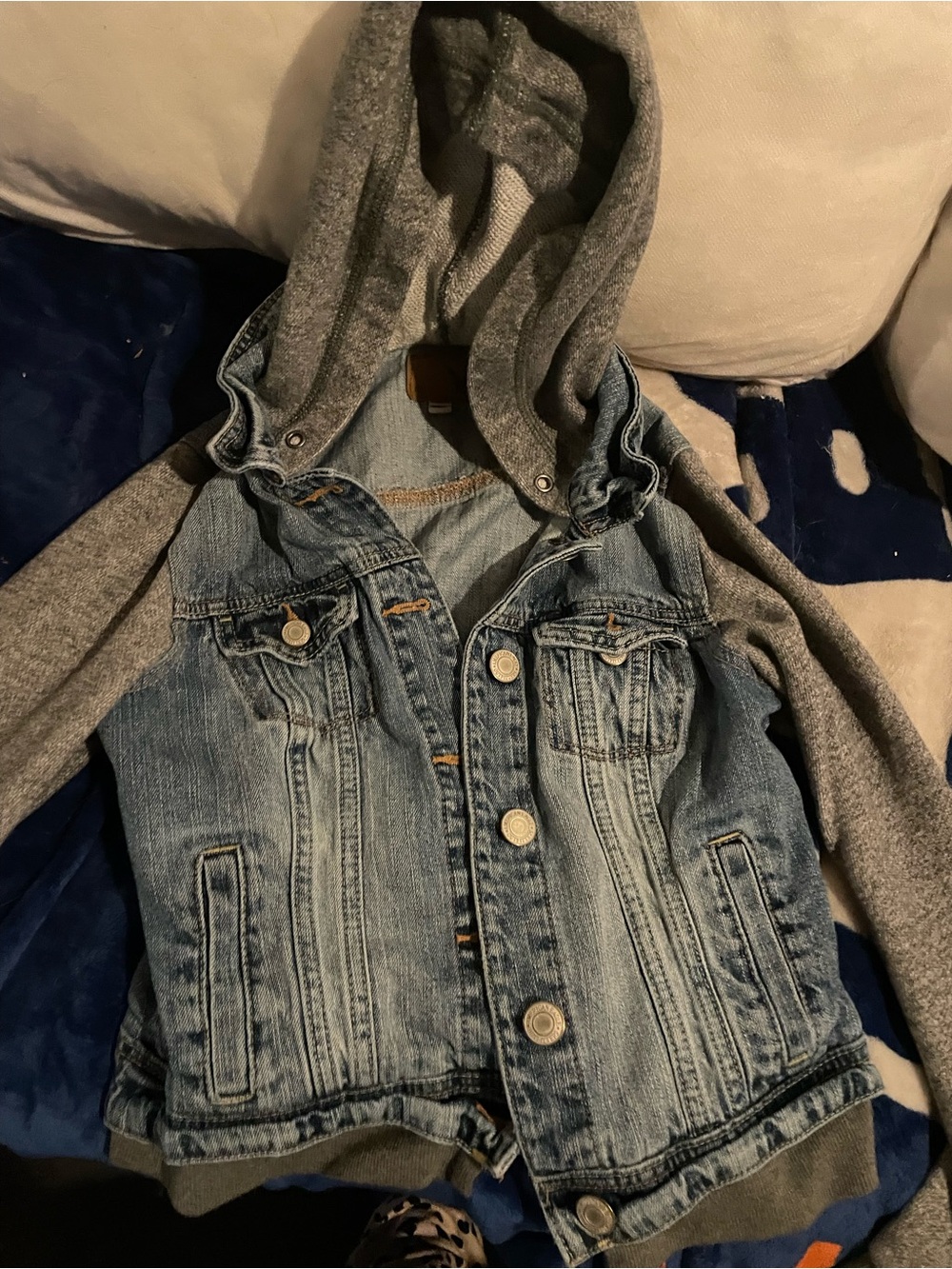 American Eagle Outfitters Girls' Two‑Tone Denim Jacket with Gray Hoodie
